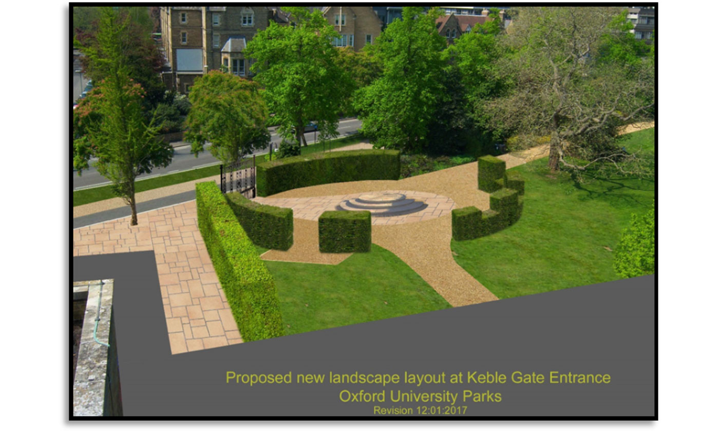 proposed new landscape layout at keble gate entrance