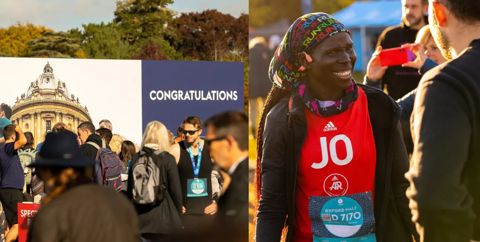 Collage featuring participants at a running event, including a runner in a red vest, a crowd gathered beneath an archway, and a “Congratulations” sign.